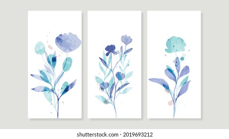 Flower watercolor art triptych wall art vector. Abstract art background with sweet orange and pink Floral Bouquets, Wildflower and leaf  hand paint design for wall decor, poster and wallpaper.