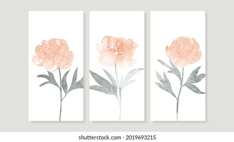 Flower watercolor art triptych wall art vector. Abstract art background with sweet orange and pink Floral Bouquets, Wildflower and leaf  hand paint design for wall decor, poster and wallpaper.