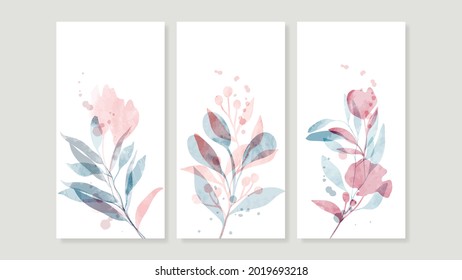 Flower watercolor art triptych wall art vector. Abstract art background with sweet orange and pink Floral Bouquets, Wildflower and leaf  hand paint design for wall decor, poster and wallpaper.
