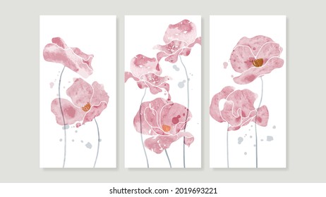 Flower Watercolor Art Triptych Wall Art Vector. Abstract Art Background With Sweet Orange And Pink Floral Bouquets, Wildflower And Leaf  Hand Paint Design For Wall Decor, Poster And Wallpaper.