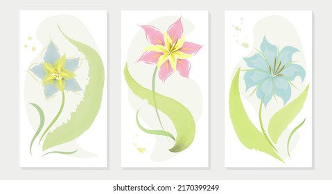 Flower watercolor art triptych wall art vector. Abstract art background with colorful flowers and leaf hand paint design for wall decor, poster and wallpaper. Wall art for decor.