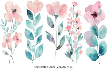 Flower watercolor art triptych wall art vector. Abstract art background with sweet orange and pink Floral Bouquets, Wildflower and leaf hand paint design for wall decor, poster and wallpaper.