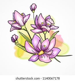 Flower watercolor branch and leaves. Hand drawn violet. Vector illustration.
