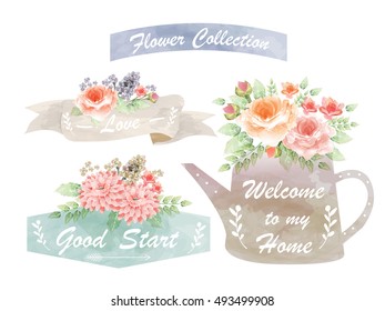 Flower watercolor elements, decorative floral banner collection for wedding, birthday, Valentine's day. Pastel colors and hand drawn style.
