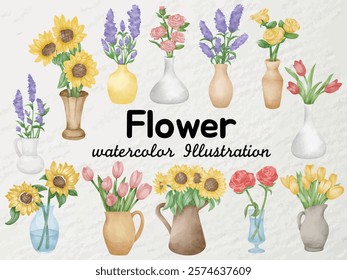 Flower Watercolor Illustration Set Featuring Sunflowers, Lavender, Tulips, Roses, and Colorful Floral Arrangements in Vases - Perfect for Home Decor, Nature-Inspired Designs, and Creative Art Projects