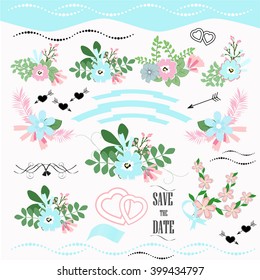 Flower Watercolor Vector Set. Wedding graphic set, wreath, flowers, arrows, hearts, laurel, ribbons and labels.