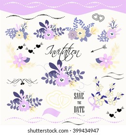 Flower Watercolor Vector Set. Wedding graphic set, wreath, flowers, arrows, hearts, laurel, ribbons and labels.