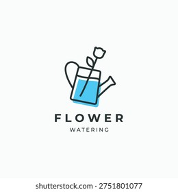 Flower in watering can linear logo design. Minimal gardening symbol logo icon vector illustration