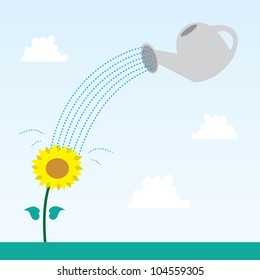 Flower and watering can with sky background