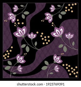 Flor, línea ondulada, polka con fondo. Parche vectorial para impresión, tela, diseño de bufanda.