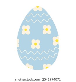 Flower and wavy lines Patterned Easter Egg in trendy soft blue. Ester greetings design element idea