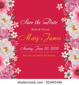 Flower wedding invitation card, save the date card, greeting card. Wedding card or invitation with floral background. EPS 10