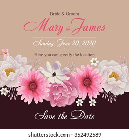 Flower wedding invitation card, save the date card, greeting card. Wedding card or invitation with floral background. EPS 10