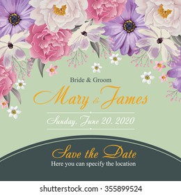 Flower wedding invitation card, save the date card, greeting card. Wedding card or invitation with floral background. EPS 10