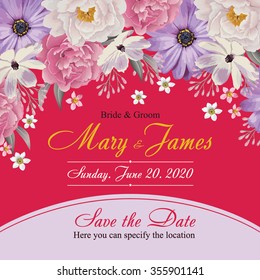Flower wedding invitation card, save the date card, greeting card. Wedding card or invitation with floral background. EPS 10