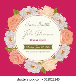 Flower wedding invitation card, save the date card, greeting card. Wedding card or invitation with roses background. EPS 10
