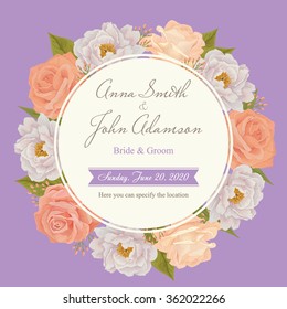 Flower wedding invitation card, save the date card, greeting card. Wedding card or invitation with roses background. EPS 10
