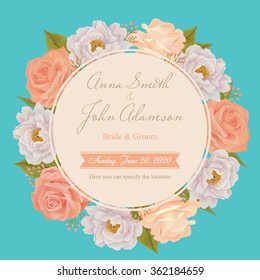 Flower wedding invitation card, save the date card, greeting card. Wedding card or invitation with roses background. EPS 10