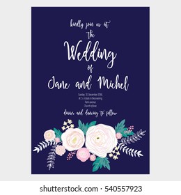 Flower wedding invitation card template pastel color.Vector illustration
