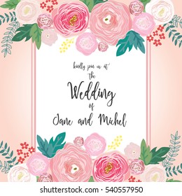 Flower wedding invitation card template pastel color.Vector illustration