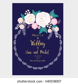 Flower wedding invitation card template pastel color.Vector illustration