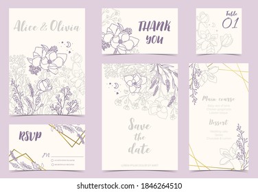 Flower wedding invitation with magnolia, lavender and leaves.Vector birthday invitation for kid and baby.Editable element