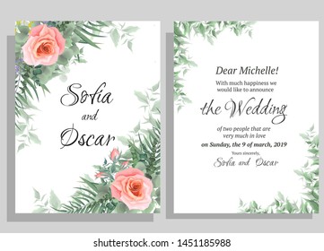 Flower wedding invitation template. Pink roses, eucalyptus, green plants and leaves. All elements are isolated.