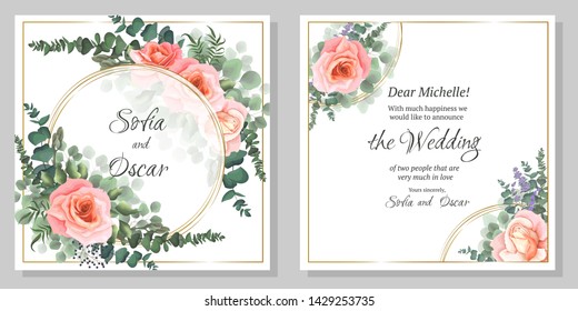Flower wedding invitation template. Round gold frame, pink roses, berries, eucalyptus, green plants and leaves. All elements are isolated.