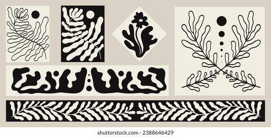Flower or weeds abstract shapes ornament  print set. Trendy abstract botanical wall arts and floral design elements or border. Modern hand drawn naive interior decorations, paintings collection. 