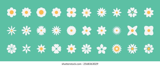 Flower white drawing clipart set. Spring flowers in white and yellow clip art collection like daisy, chamomile, sunflower, daffodil and crocus flat elements. Vector illustration spring floral set. 
