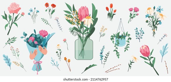 Flower wild and garden floral element vector illustration. Bloom bouquet with leaves and twigs held by hands. Blossom in bottle vase