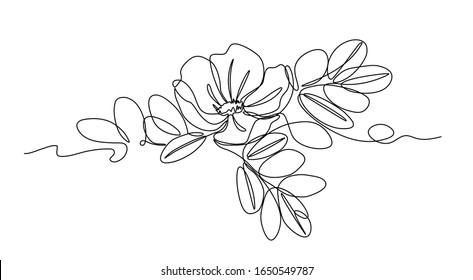 Flower Of Wild Rose With Leaves, Element Of Thorny Bush, Ornament, Pattern For Logo Or Emblem, Vector Illustration With Black Single Contour Line Isolated On White Background In Hand Drawn Style