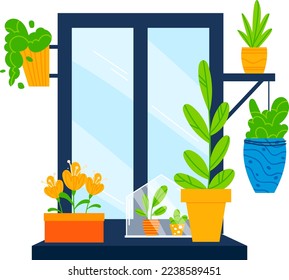 Flower window, floral emblem, plant garden, fresh france lavender, isolated on white, design, cartoon style vector illustration.