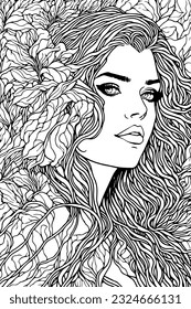 Flower Woman Coloring Page. Imagen monocroma de una mujer con pelo largo y rizado. Colores de página con mujer hermosa con flores para niños y adultos .