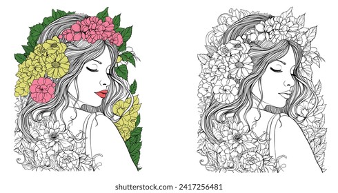 Página de Colores de Mujeres de Flores.Vector monocromo de página de mujeres de color con mujer hermosa con flores