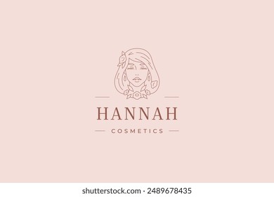 Flower woman face botanical organic plant line logo design template vector illustration. Floral elegant female portrait outline logotype for beauty spa natural skin care cosmetics makeup artist