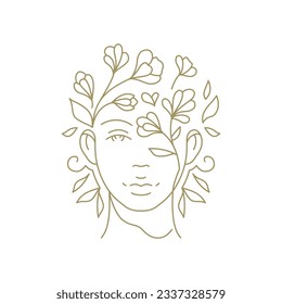 Flower woman portrait botanical blossom hairstyle minimal line art style logo for beauty vector illustration. Floral female face with natural bloom buds leaves monochrome icon coiffure hairdressing