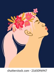 Flower woman side view. Beautiful girl portrait with flowers in hair, spring summer decoration, beauty fashion print. Mother's day, Valentine's day, March 8 glamour greeting card. Vector illustration