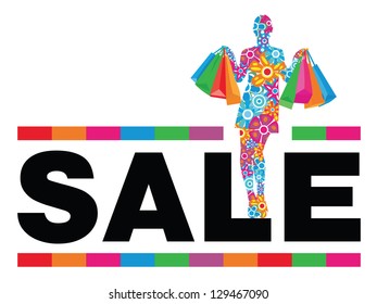 Flower woman silhouette with shopping bags and sale word