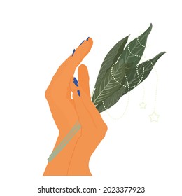 Flower in a woman's hand vector stock illustration. An elegant feminine poster. The sticker template. Isolated on a white background.