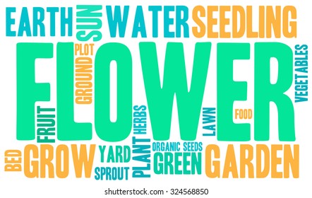 Flower word cloud on a white background. 