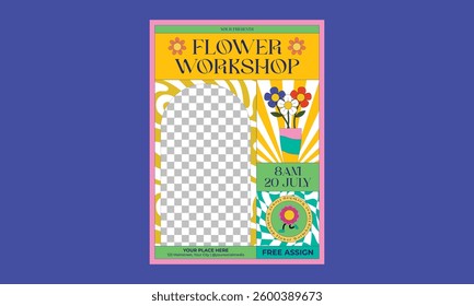 Flower Workshop Flyer. Pottery workshop flyers. Dishes with traditional abstract patterns. Cutting board, plates and vases. Cup or mug with teapot.