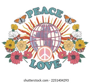 Flower with world. Peace sign with sun graphic print design for t-shirt. Summer artwork design.