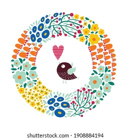 Flower wreath and a bird. Cute spring illustration.