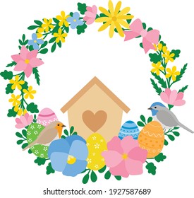Flower wreath birds happy Easter vector illustration