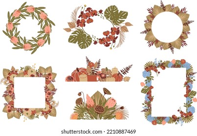 Flower wreath and borders collection. Tropical palm leaves, protea, orchid flowers and dry leaves empty border on white background.