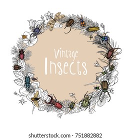 Flower Wreath. Branches of plants, spruce, pine, leaves and flowers of dog rose, fern, feathers and bright insects on a beige background. Vector illustration.