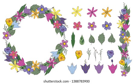 Flower wreath. Brush. Isolated elements on white background