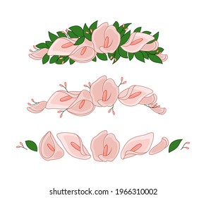 Flower wreath of calla lilies and leaves. Vector tiara. Wedding decor. Objects are isolated