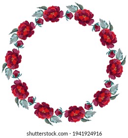 Flower wreath with dark red flowers and blue leaves. Vector illustration